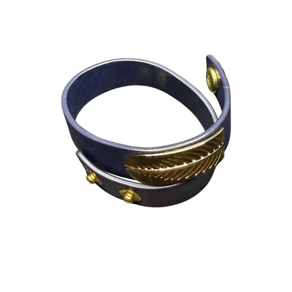 Armani Exchange Navy Leather Wrap Bracelet with Gold Leaf Plate - Picture 6 of 6
